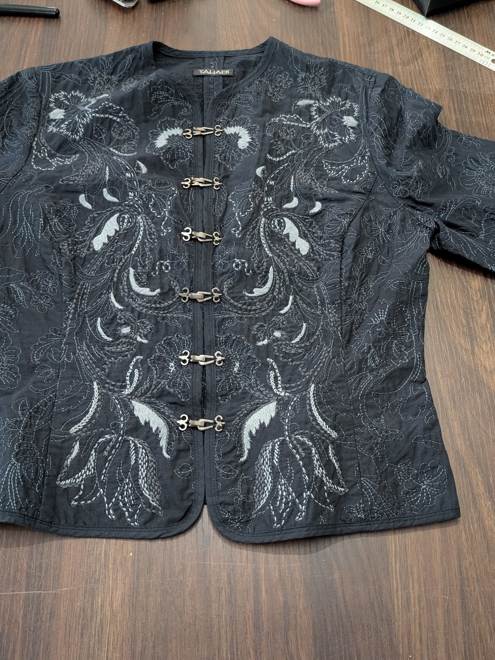 Tahari Black Embroidered Jacket with Metal Frog Closures